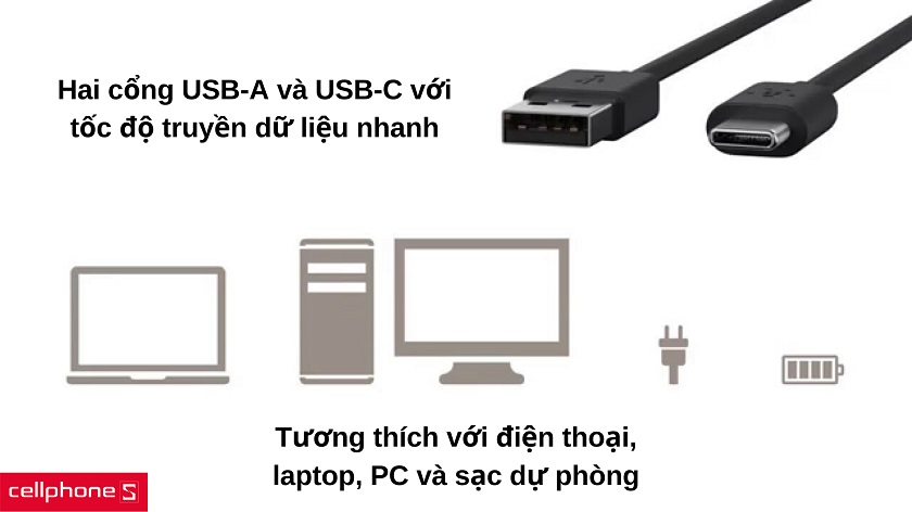 Hai đầu cáp USB-A và USB-C giúp chuyển đổi dễ dàng giữa các thiết bị