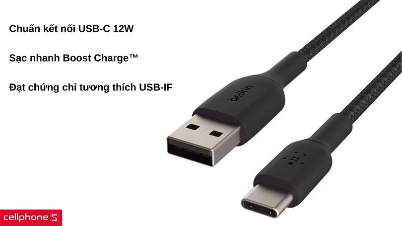 Cáp Type C Belkin Playa CAB002BT1MBK 12W 1m vỏ dù