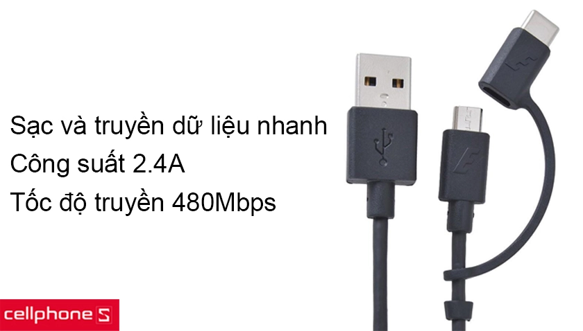 Hỗ trợ sạc và truyền dữ liệu nhanh, tốc độ truyền 480Mbps, công suất sạc 2.4A