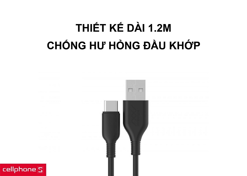 Thiết kế cáp sạc dài 1.2 m cùng khả năng chống hư hỏng phần khớp đầu cắm