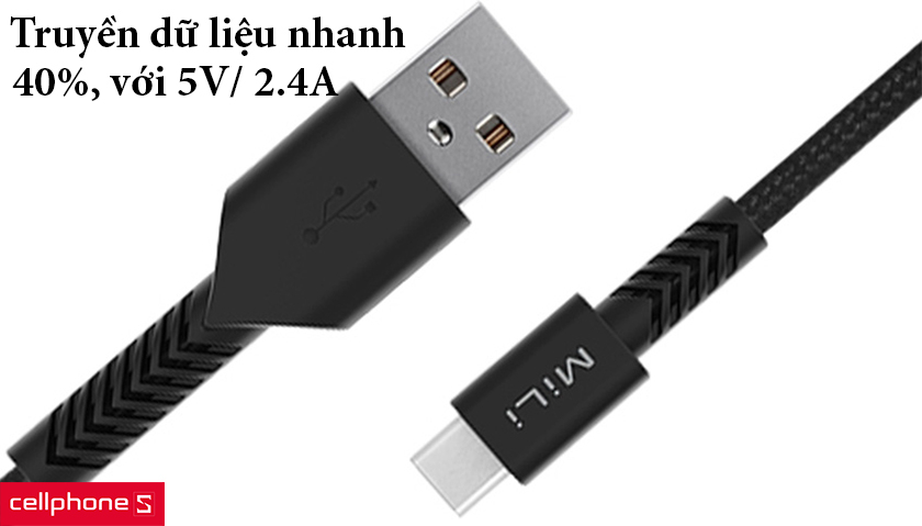 Cáp Lightning Mili 1.2m truyền dữ liệu nhanh chóng với cổng ra 5V, 2.4A