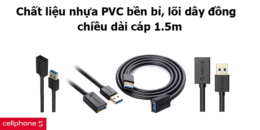 Chất liệu nhựa PVC bền bỉ, lõi dây đồng cao cấp, chiều dài cáp 1.5m