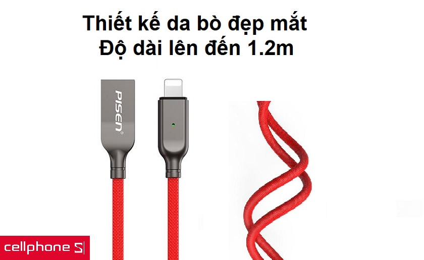 Thiết kế da bò bao bọc dây cáp cùng độ dài lên đến 1.2m tiện lợi