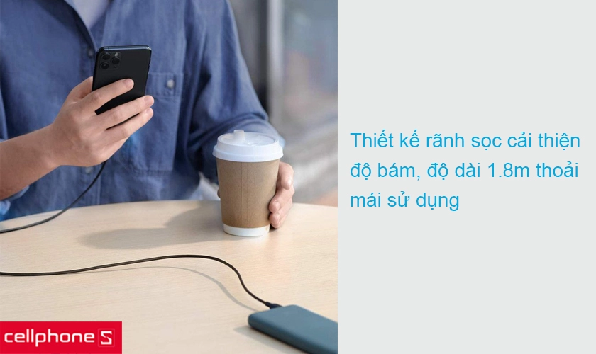 Cáp sạc thiết kế thông minh, đơn giản với chiều dài 1.8m thoải mái sử dụng