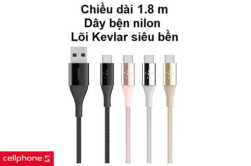 Chiều dài lên đến 1.2m, thiết kế dây bện nilon chống rối cùng lõi Kevlar siêu bền