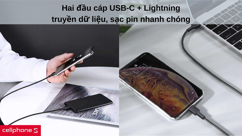 Hai đầu cáp Lightning & USB-C hỗ trợ sạc nhanh Power Delivery