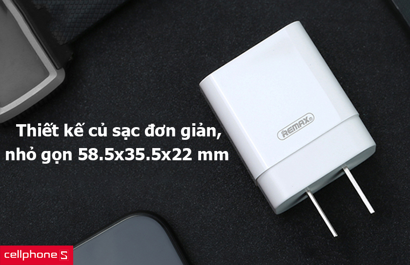 Thiết kế củ sạc đơn giản, nhỏ gọn chỉ 58.5x35.5x22 mm