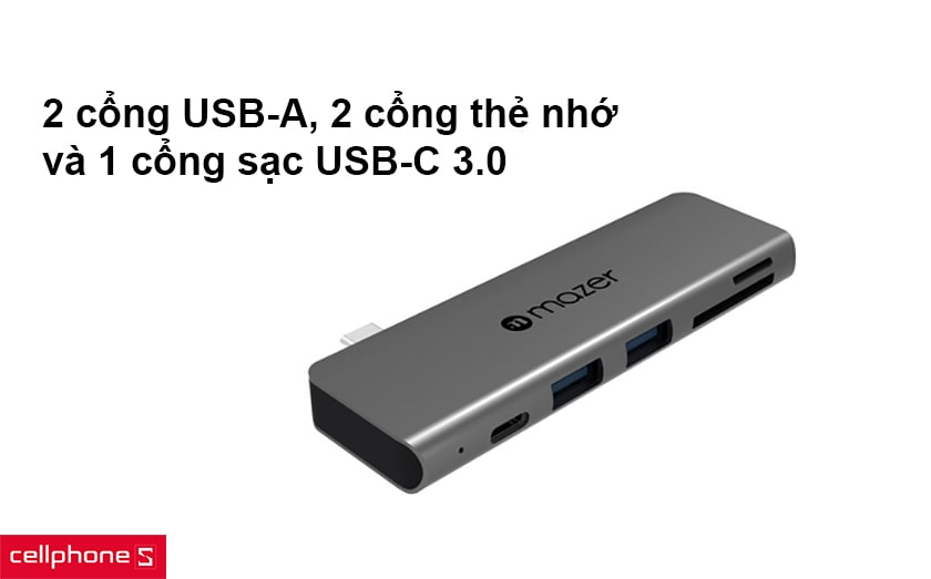 2 cổng USB-A, 2 cổng thẻ nhớ và 1 cổng sạc USB-C 3.0
