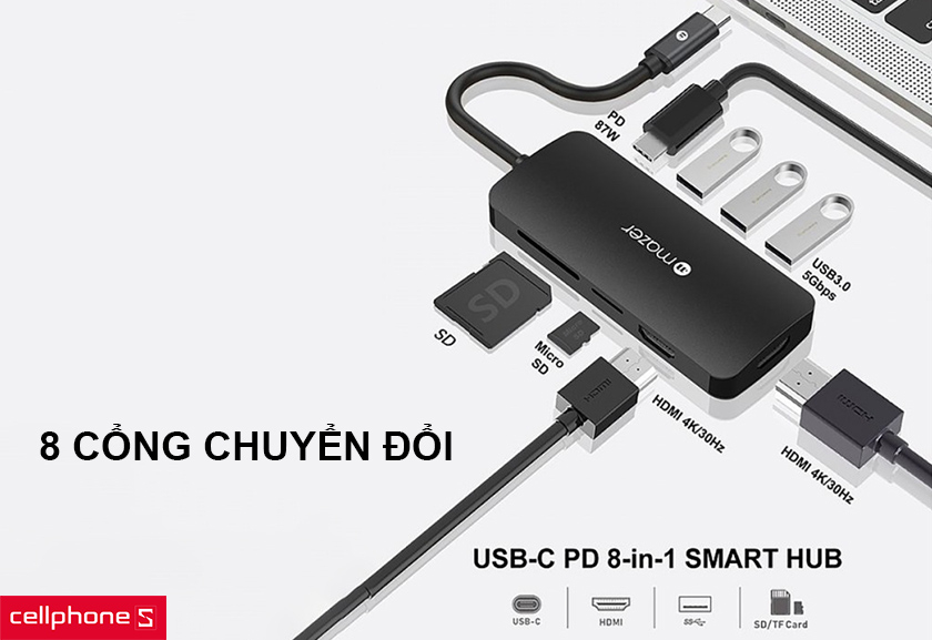 8 cổng chuyển đổi, tương thích nhiều thiết bị