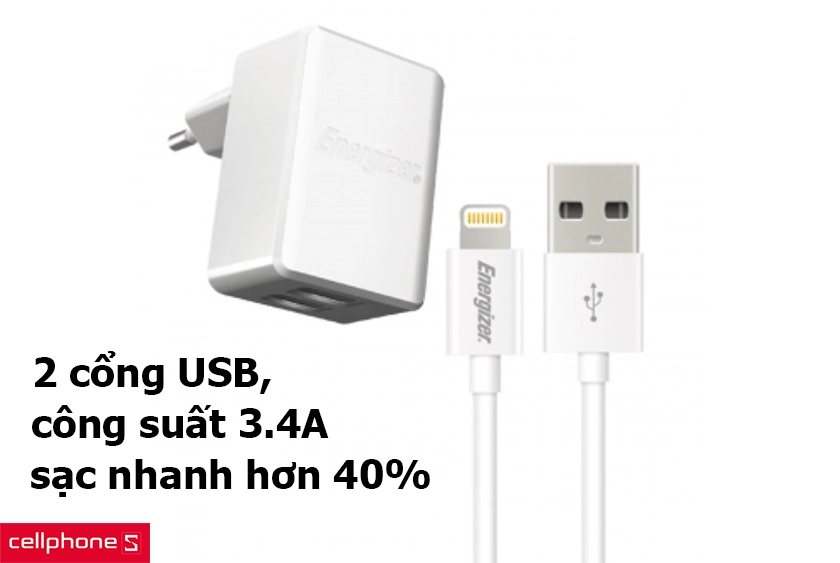 Củ sạc hai cổng USB, công suất lên đến 3.4A