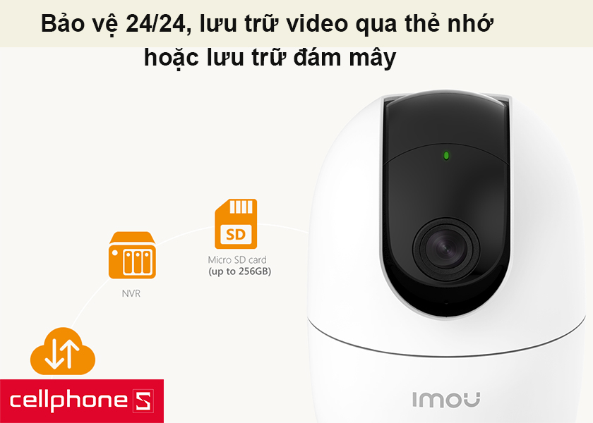 Bảo vệ 24/24, lưu trữ video qua thẻ nhớ hoặc lưu trữ đám mây