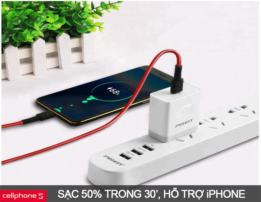 Sạc nhanh Pisen Quick Charge 3.0 18W hỗ trợ nạp 50% trong 30 phút,