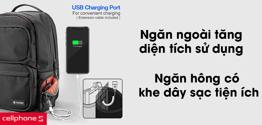 Nhiều ngăn chứa gồm ngăn laptop, ngăn phụ kiện, ngăn điện thoại và ngăn bảo mật