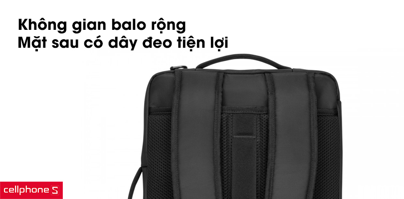 Không gian balo rộng, mặt sau có dây đeo tiện lợi, chắc chắn