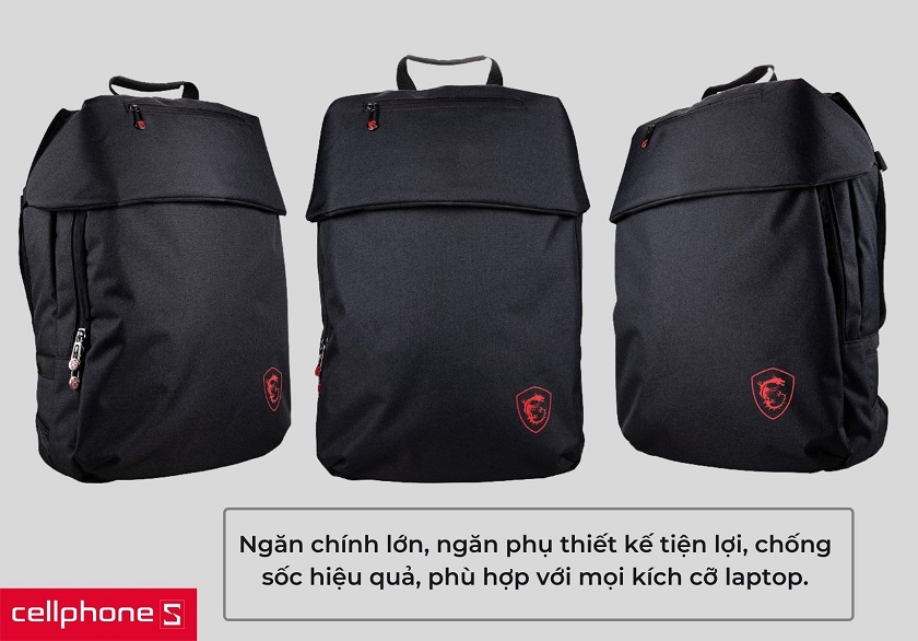 Thiết kế ngăn chính lớn, ngăn phụ tinh tế, phù hợp với mọi kích cỡ laptop