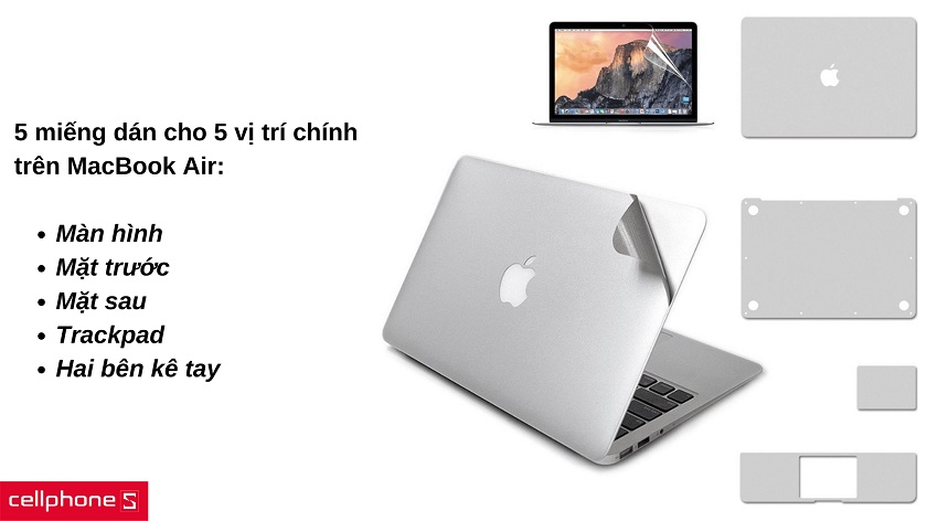 Trọn bộ dán 5 vị trí trên MacBook Air, với độ mỏng ấn tượng cùng keo dán bền bỉ