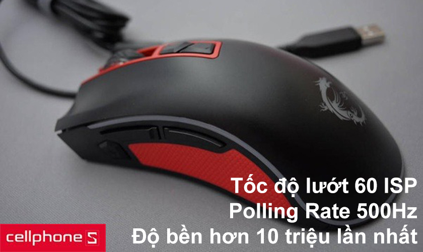 Tốc độ lướt chuột 60IPS, Polling Rate 500Hz, độ bền hơn 10 triệu lần nhấn