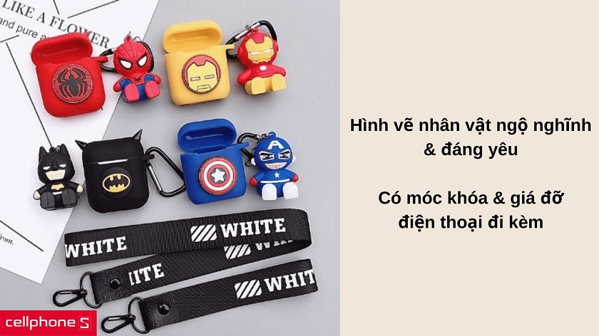 Hình vẽ nhân vật đáng yêu, kèm móc khóa & giá đỡ điện thoại chuyên dụng