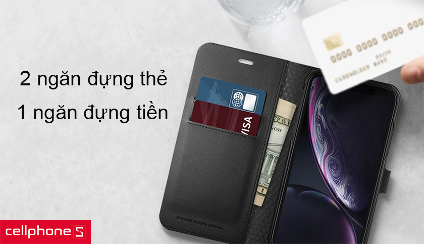 ốp lưng này có 2 ngăn đựng thẻ và 1 ngăn đựng tiền