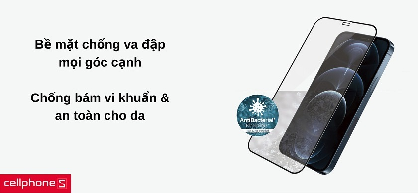 Bề mặt chống va đập & chống vi khuẩn bảo vệ màn hình iPhone toàn diện