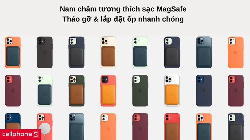 Nam châm đính sẵn giúp ốp bám chặt máy, tương thích sạc MagSafe tiện dụng