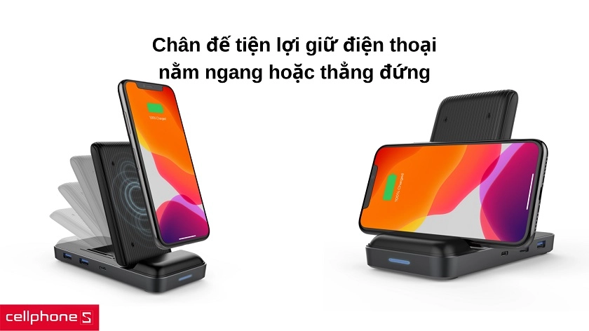 Chân đế giữ điện thoại nằm ngang hoặc đứng thẳng đầy tiện ích
