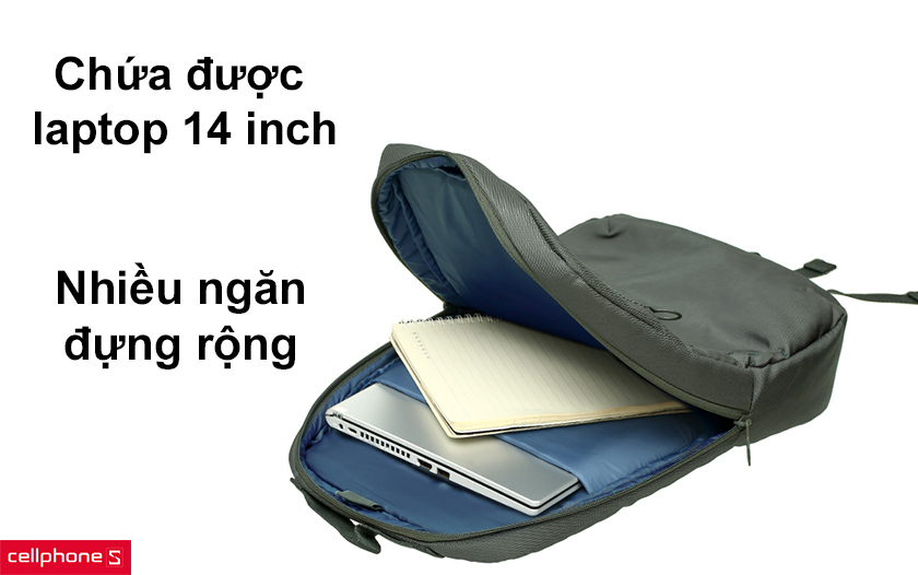 Chứa được laptop 14 inch, nhiều ngăn đựng rộng