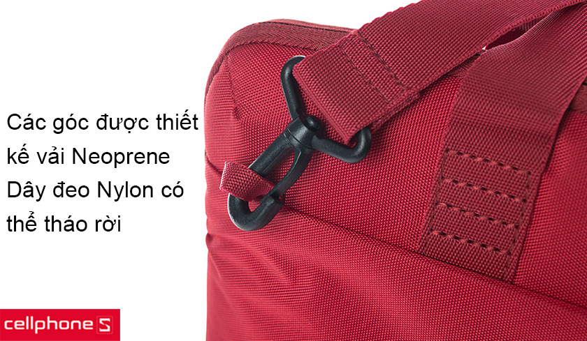 Các góc được thiết kế bằng vải Neoprene cố định laptop và dây đeo Nylon có thể tháo rời
