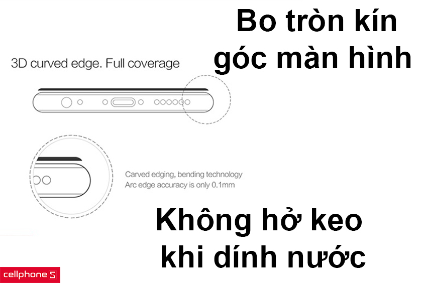 Không hở keo khi dính nước, các góc cạnh bo tròn kín góc màn hình