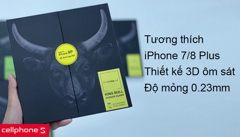 Thiết kế 3D ôm toàn bộ màn hình, tương thích với iPhone 7/8 Plus, độ dày 0.23mm