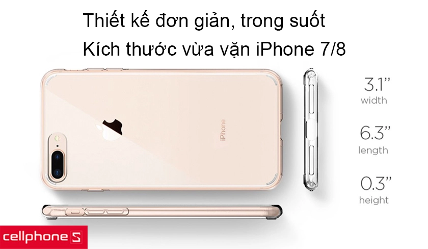 Thiết kế đơn giản vừa vặn với iPhone 7 và iPhone 8, trong suốt cho nét đẹp nguyên bản