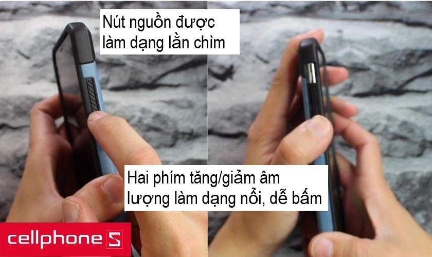 thiết kế dạng lằn chìm ở nút nguồn và dạng nổi lên ở hai phím tăng/giảm âm lượng