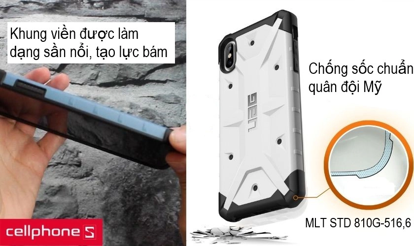 Viền ốp dạng sần nổi cho cảm giác cầm chắc tay cùng với bốn góc viền chống sốc chuẩn quân đội Mỹ