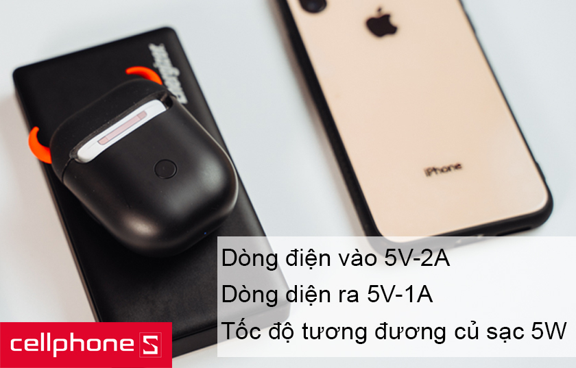 tốc độ sạc có dây với dòng điện vào cho hộp đựng là 5V – 2A và dòng điện ra truyền vào AirPods là 5V – 1A
