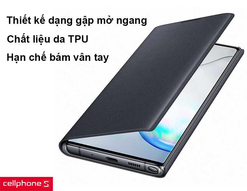 Thiết kế dạng gập mở ngang giống sổ tay, chất liệu da TPU hạn chế bám vân tay