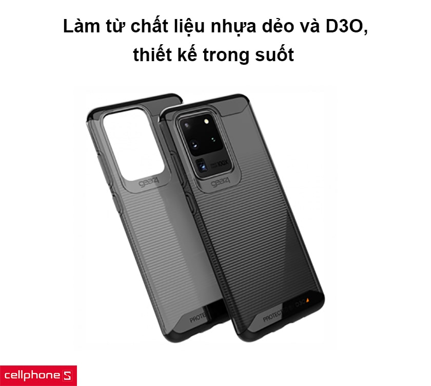 Làm từ chất liệu nhựa dẻo và D3O, thiết kế trong suốt
