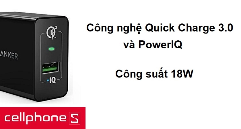 Công suất 18W, tích hợp công nghệ Quick Charge 3.0 và PowerIQ