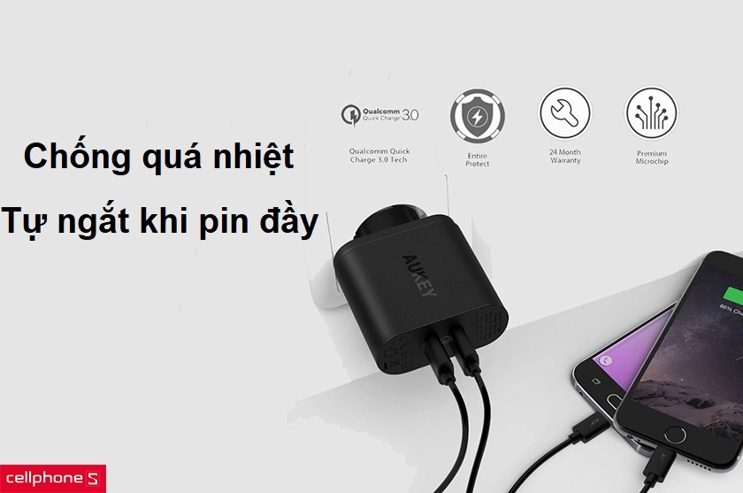 Sạc cùng lúc 2 thiết bị, chống quá nhiệt, tự ngắt điện khi pin đầy