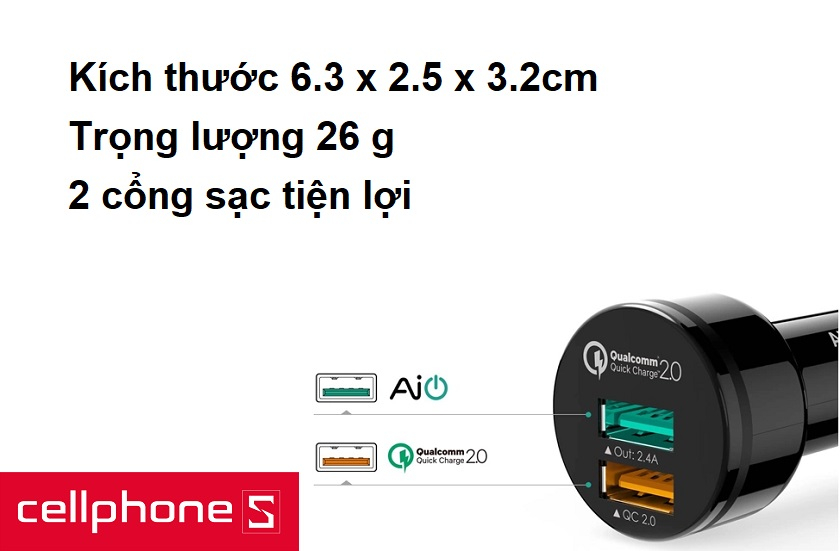 Kích thước 6.3 x 2.5 x 3.2cm, 2 cổng sạc tiện lợi
