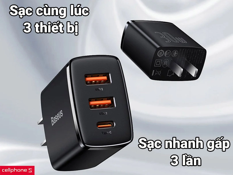 Củ sạc nhanh Baseus Compact 30W 3 cổng 2 x USB-A + USB-C