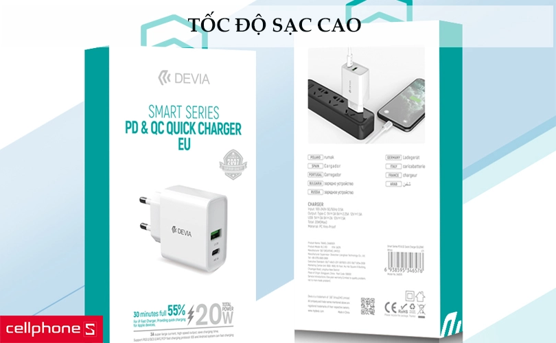 Củ sạc nhanh Devia Smart Series 2 cổng PD & QC (EU, 20W)