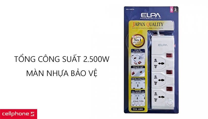 Ổ cắm 3 lỗ, chiều dài dây 5m, công tắt tự ngắt