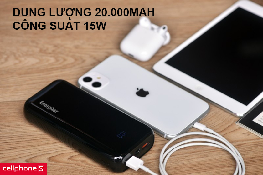 Kích thước 141 x 69 x 28mm, 2 cổng ra USB-A và 1 USB-C