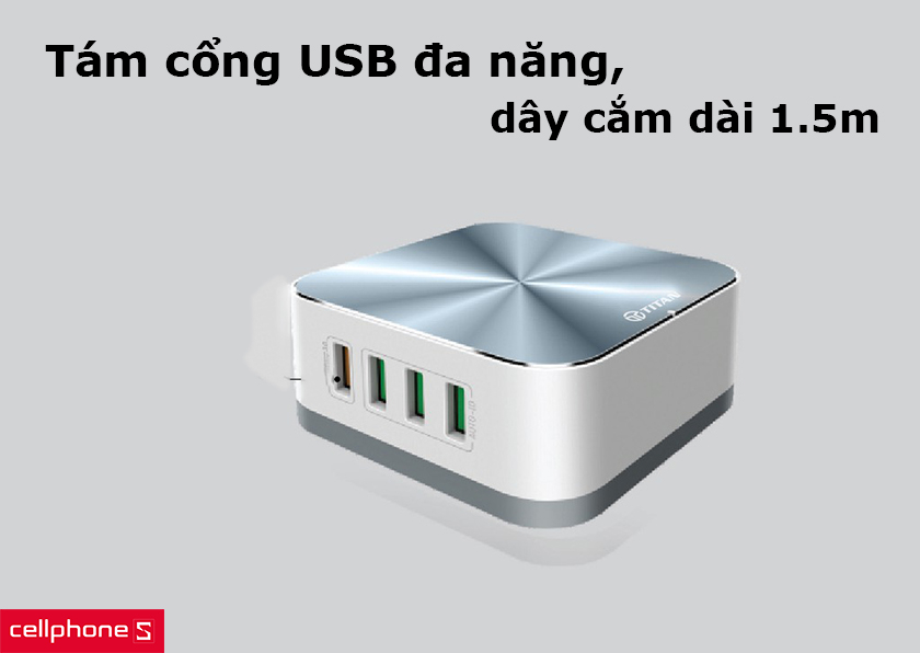 Tám cổng USB đa năng, dây cắm dài 1.5m