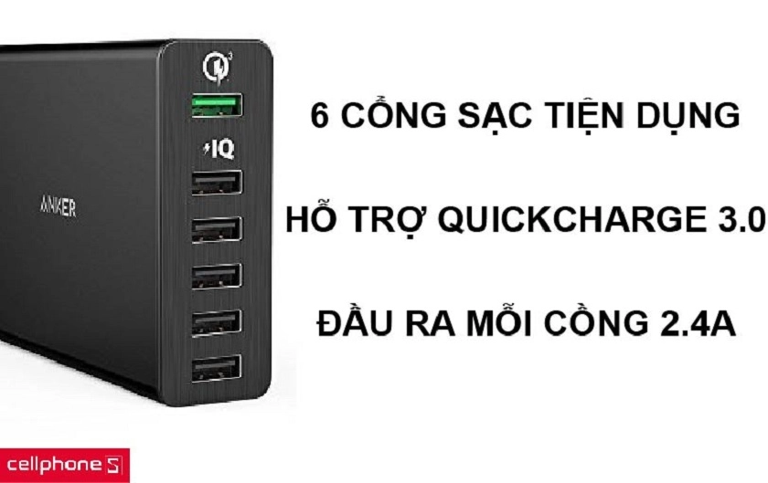 6 cổng sạc tiện dụng trong đó có 1 đầu sạc nhanh công nghệ Quickcharge 3.0