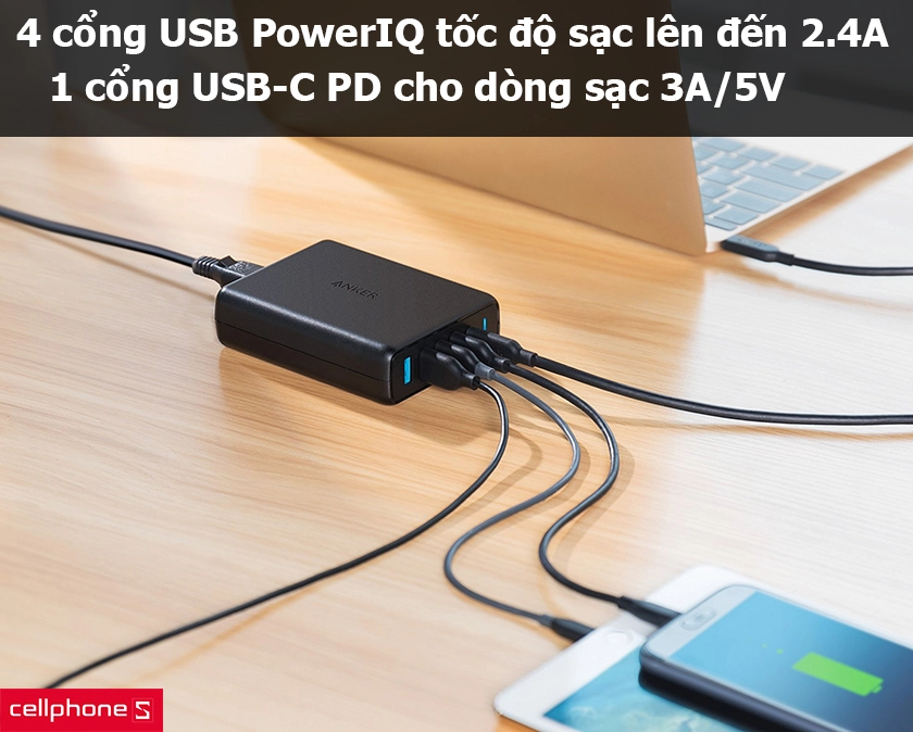 bốn cổng USB PowerIQ, một cổng USB-C PD