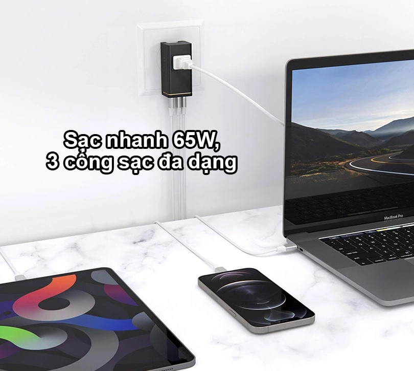 Sạc nhanh 65W, 3 cổng sạc đa dạng