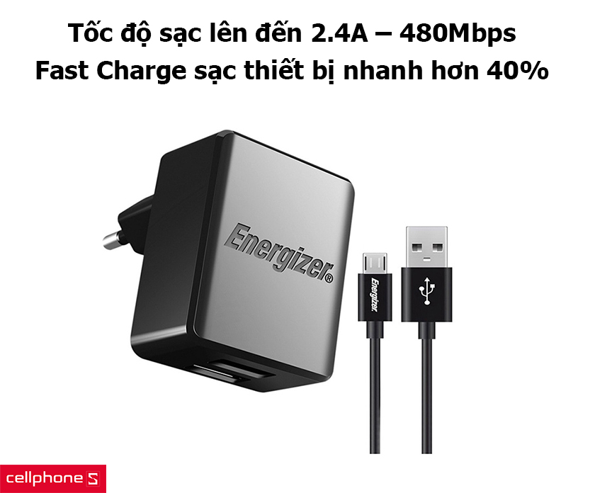 Sạc Energizer 2 cổng ACA2BUSH cung cấp tốc độ sạc lên đến 2.4A – 480Mbps 