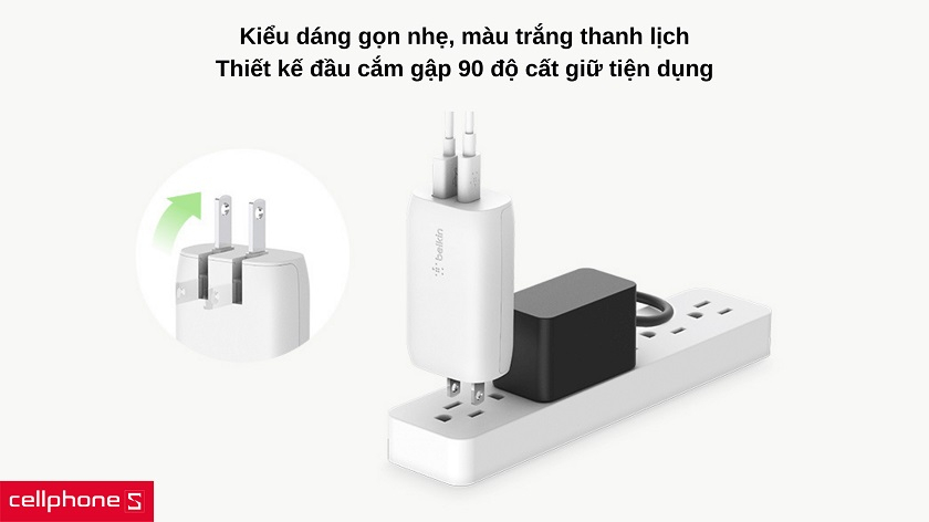 Kiểu dáng tinh tế, đầu cắm thiết kế gập 90 độ giúp cất giữ gọn gàng