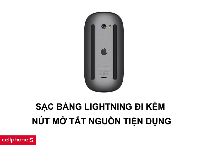 Sạc bằng cáp Lightning đi kèm theo máy cùng nút tắt mở tiện dụng, tiết kiệm pin